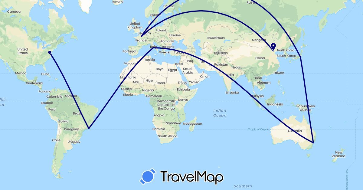 TravelMap itinerary: driving in Australia, Brazil, China, France, Italy, Japan, United States (Asia, Europe, North America, Oceania, South America)